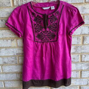 Alexandra Barlett 100% Linen Embroidered Lace Tie V-Neck Blouse Women's Size S.